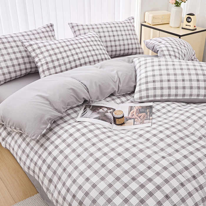 91家纺网 家纺一手货源 找家纺 雅慕家居   2025新款针织棉双层纱四件套 格子