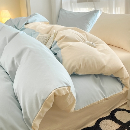 91家纺网 家纺一手货源 找家纺 耀悦家纺 2025新款A类纯棉60支拼色四件套 海盐蓝-暖阳黄