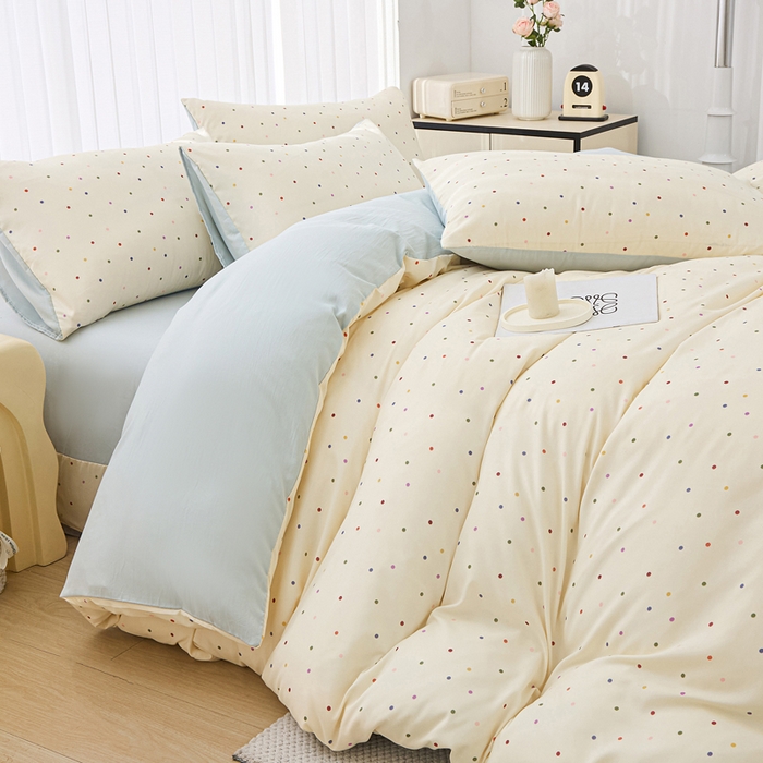 91家纺网 家纺一手货源 找家纺 雅慕家居   2025新款针织棉双层纱四件套 绿波点