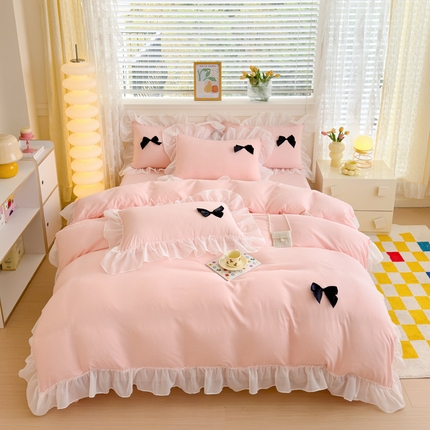 （买家秀 爆款花型不断货）A类母婴级少女风韩式公主风泡泡纱床上四件套韩式泡泡棉花边四件套水洗棉四件套 泡泡棉-粉玉