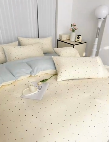 91家纺网 家纺一手货源 找家纺 雅慕家居   2025新款针织棉双层纱四件套 绿波点