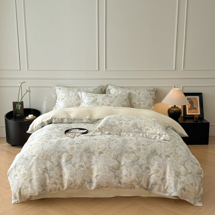 启航家居 2025春夏新款莱赛尔天丝数码印花四件套 花园派对沙色