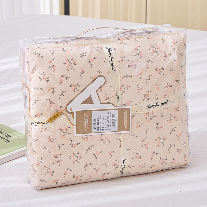 91家纺网 家纺一手货源 找家纺 雅慕家居   2025新款针织棉双层纱四件套 简爱粉