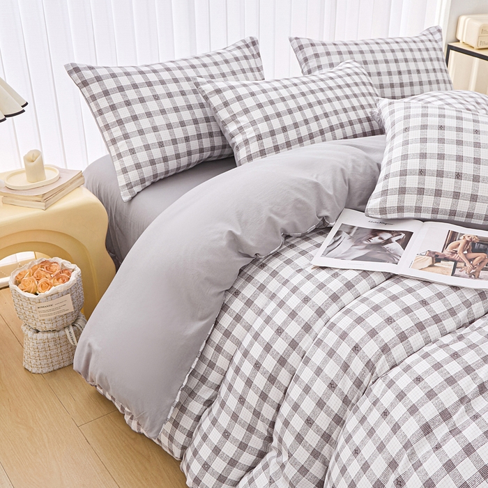 91家纺网 家纺一手货源 找家纺 雅慕家居   2025新款针织棉双层纱四件套 格子