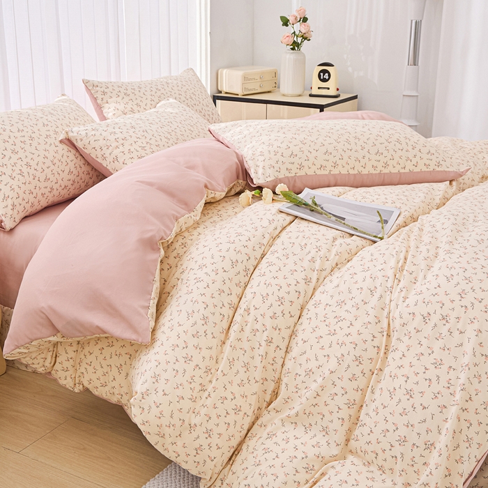 91家纺网 家纺一手货源 找家纺 雅慕家居   2025新款针织棉双层纱四件套 简爱粉