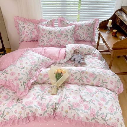 91家纺网 家纺一手货源 找家纺 （买家秀爆款不断货）A类母婴级卡通花卉儿童纯棉全棉床单纯棉全棉床笠全棉纯棉床单全棉纯棉印花花边四件套 妙颜花边款