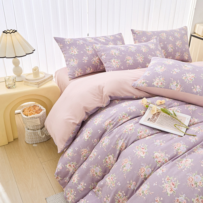 91家纺网 家纺一手货源 找家纺 雅慕家居   2025新款针织棉双层纱四件套 凡尔赛紫