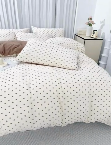 91家纺网 家纺一手货源 找家纺 雅慕家居   2025新款针织棉双层纱四件套 多点爱心