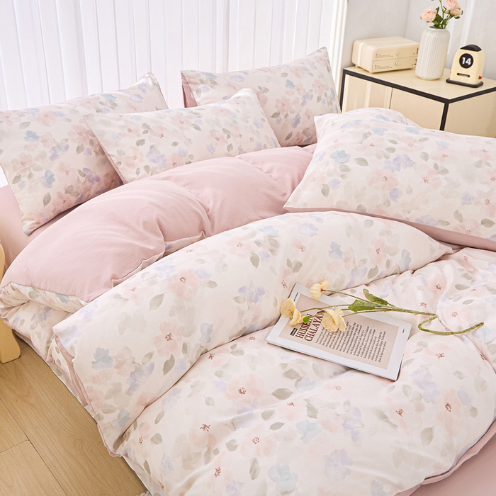 91家纺网 家纺一手货源 找家纺 雅慕家居   2025新款针织棉双层纱四件套 粉色油画