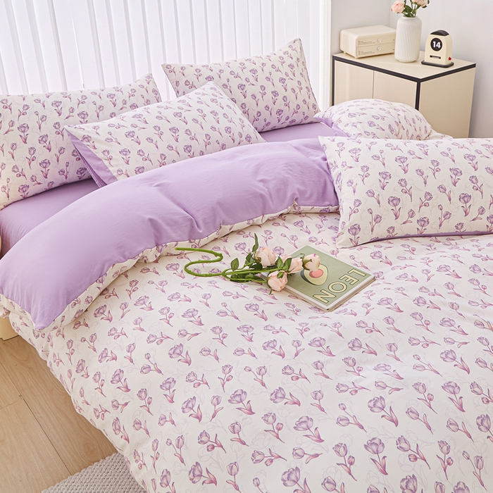 91家纺网 家纺一手货源 找家纺 雅慕家居   2025新款针织棉双层纱四件套 紫色郁金香