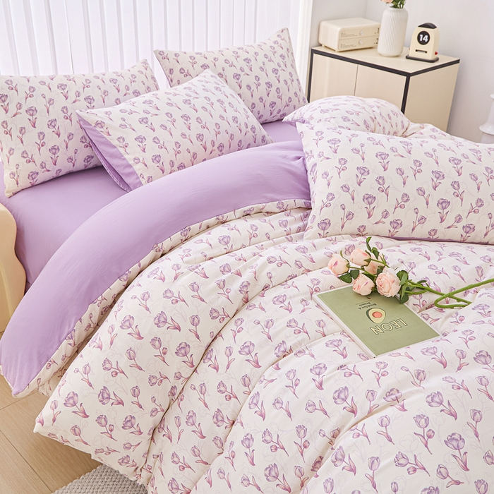 91家纺网 家纺一手货源 找家纺 雅慕家居   2025新款针织棉双层纱四件套 紫色郁金香