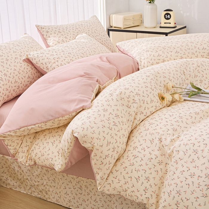 91家纺网 家纺一手货源 找家纺 雅慕家居   2025新款针织棉双层纱四件套 简爱粉