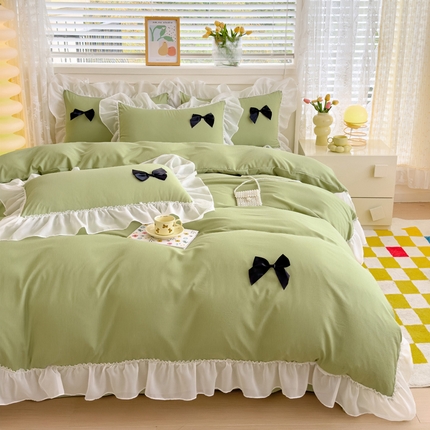 91家纺网 家纺一手货源 找家纺 （买家秀 爆款花型不断货）A类母婴级少女风韩式公主风泡泡纱床上四件套韩式泡泡棉花边四件套水洗棉四件套 泡泡棉-橄榄绿