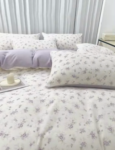 91家纺网 家纺一手货源 找家纺 雅慕家居   2025新款针织棉双层纱四件套 紫曼