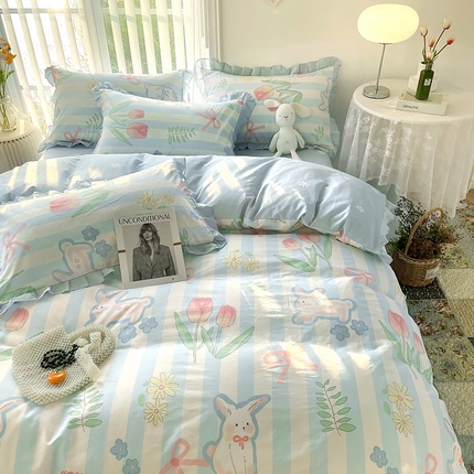 91家纺网 家纺一手货源 找家纺 （买家秀爆款不断货）A类母婴级卡通花卉儿童纯棉全棉床单纯棉全棉床笠全棉纯棉床单全棉纯棉印花花边四件套 大白兔花边款