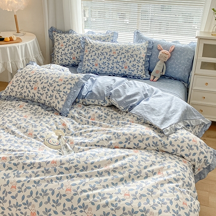 91家纺网 家纺一手货源 找家纺 （买家秀爆款不断货）A类母婴级卡通花卉儿童纯棉全棉床单纯棉全棉床笠全棉纯棉床单全棉纯棉印花花边四件套 菲菲兔花边款