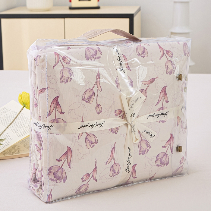 91家纺网 家纺一手货源 找家纺 雅慕家居   2025新款针织棉双层纱四件套 紫色郁金香