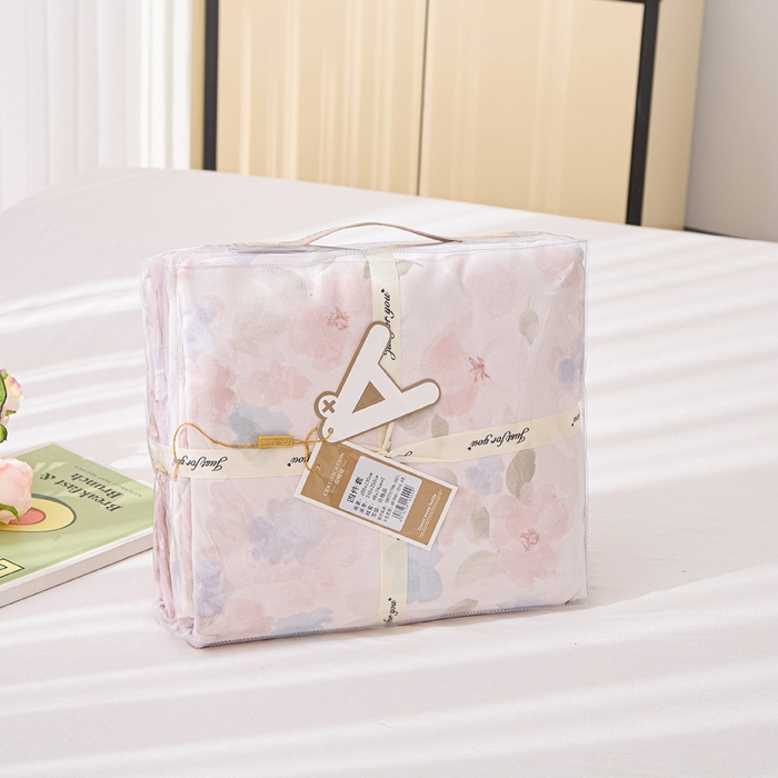 91家纺网 家纺一手货源 找家纺 雅慕家居   2025新款针织棉双层纱四件套 粉色油画