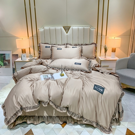 91家纺网 家纺一手货源 找家纺 （买家秀不断货）A类高端皇室贵族韩版水洗真丝四件套轻奢四件套轻奢水洗蕾丝四件套高级感丝滑裸睡床上用品 欧若拉-香槟色