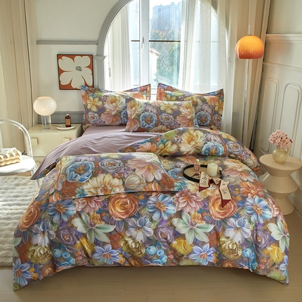 启航家居 2025新款全棉铂金棉数码印花四件套 新塞纳舞曲紫