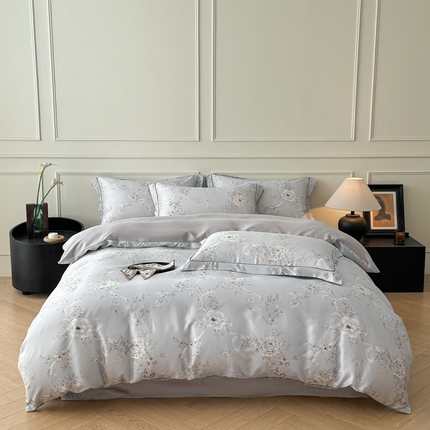 启航家居 2025春夏新款莱赛尔天丝数码印花四件套 云栖畔灰兰