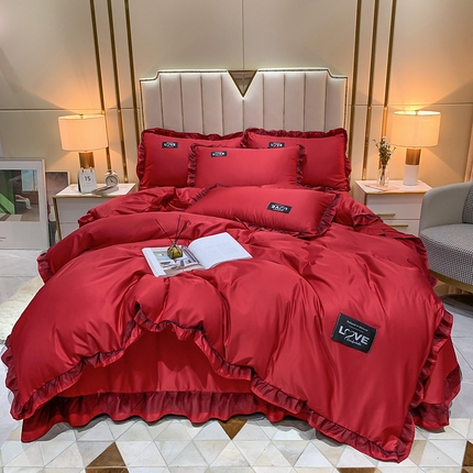 91家纺网 家纺一手货源 找家纺 （买家秀不断货）A类高端皇室贵族韩版水洗真丝四件套轻奢四件套轻奢水洗蕾丝四件套高级感丝滑裸睡床上用品 欧若拉-酒红