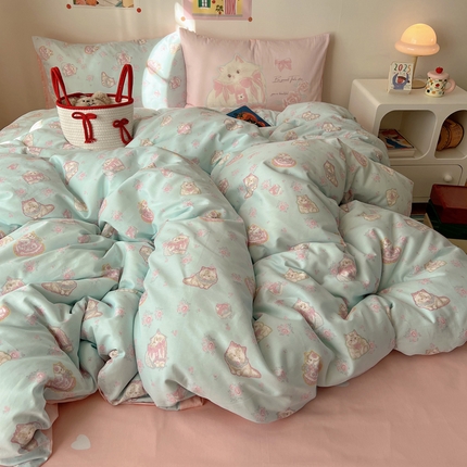 91家纺网 家纺一手货源 找家纺 桃喜 2025春夏新款全棉卡通混搭13070系列四件套 洛丽塔小猫