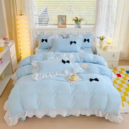（买家秀 爆款花型不断货）A类母婴级少女风韩式公主风泡泡纱床上四件套韩式泡泡棉花边四件套水洗棉四件套 泡泡棉-天空蓝
