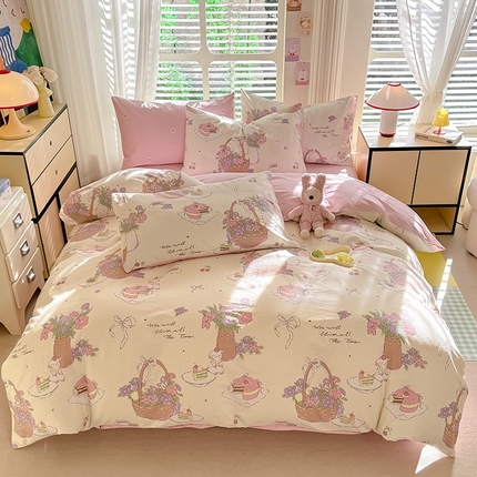 91家纺网 家纺一手货源 找家纺 秋艳家纺 2025新款全棉印花四件套 花篮小兔