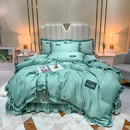 91家纺网 家纺一手货源 找家纺 （买家秀不断货）A类高端皇室贵族韩版水洗真丝四件套轻奢四件套轻奢水洗蕾丝四件套高级感丝滑裸睡床上用品 欧若拉-湖蓝