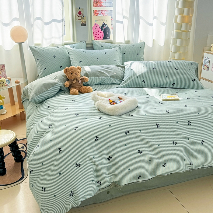 91家纺网 家纺一手货源 找家纺 简宜家居（朝初家纺） 2025新款40支13070纯棉四件套 蓝条纹蝴蝶结