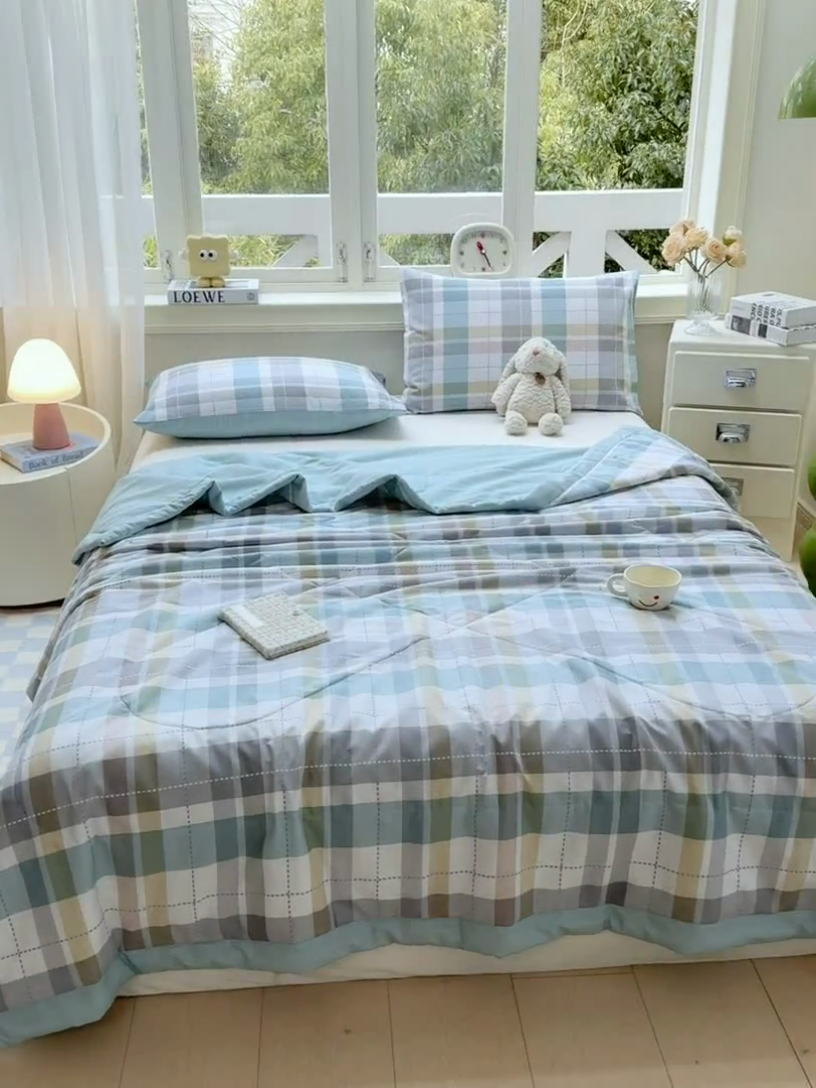 91家纺网 家纺一手货源 找家纺 憨豆家纺 2025新款双面全棉夏被可机洗小清新纯棉夏被薄被芯空调被子夏凉被 绿色格调