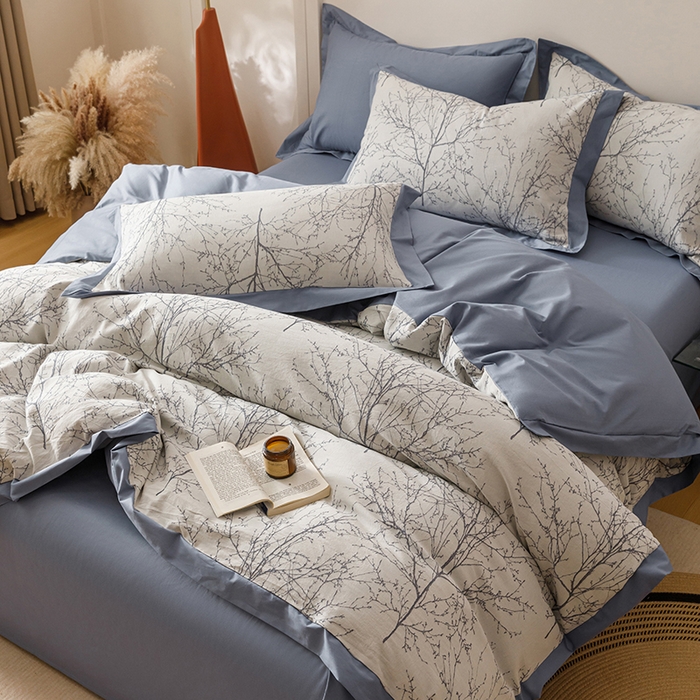 91家纺网 家纺一手货源 找家纺 简宜家居（朝初家纺） 2025新款全棉宽边三层纱提花四件套 枝桠-牛仔蓝