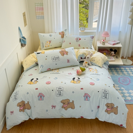 桃子家居 2025新款纯棉小清新13372卡通可爱少女系列四件套 棉-蓝黄奶油狗