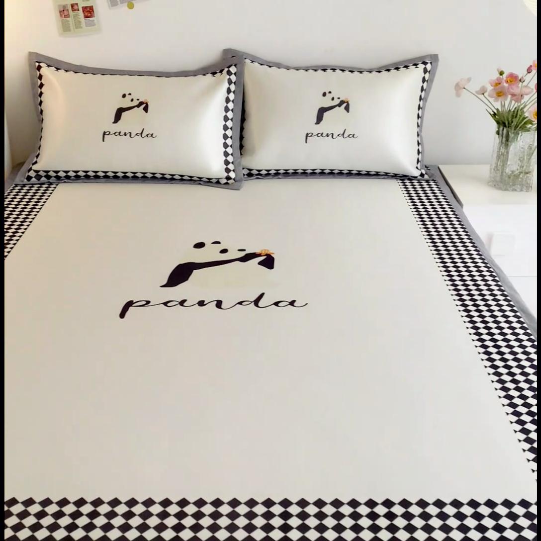 91家纺网 家纺一手货源 找家纺 邵依  2025新款数码印花烫光冰丝席凉席子藤席 黑色熊猫