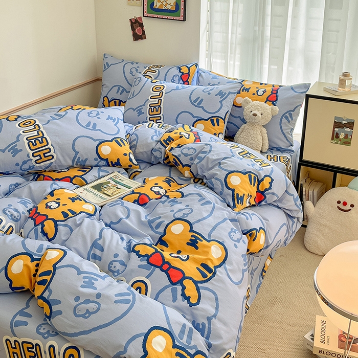 91家纺网 家纺一手货源 找家纺 桃子家居 2025新款纯棉小清新13372卡通可爱少女系列四件套 棉-蓝老虎