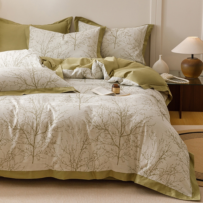 91家纺网 家纺一手货源 找家纺 简宜家居（朝初家纺） 2025新款全棉宽边三层纱提花四件套 枝桠-橄榄绿