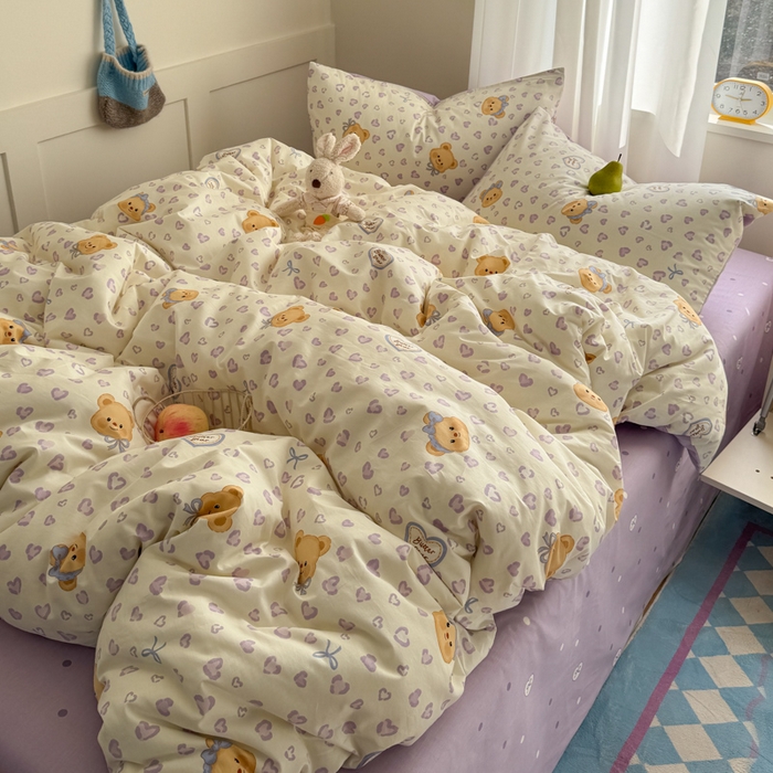 91家纺网 家纺一手货源 找家纺 桃子家居 2025新款纯棉小清新13372卡通可爱少女系列四件套 棉-豹纹小熊