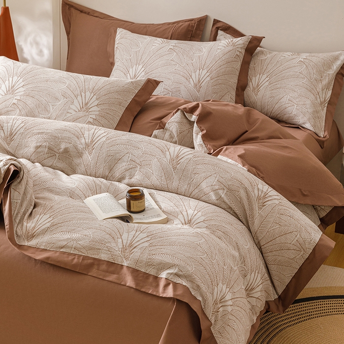 91家纺网 家纺一手货源 找家纺 简宜家居（朝初家纺） 2025新款全棉宽边三层纱提花四件套 叶韵-咖