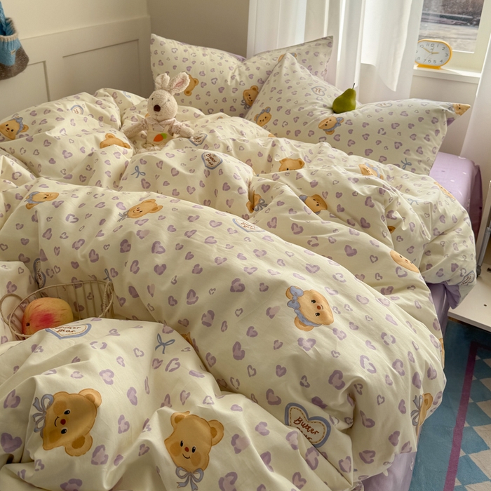 91家纺网 家纺一手货源 找家纺 桃子家居 2025新款纯棉小清新13372卡通可爱少女系列四件套 棉-豹纹小熊