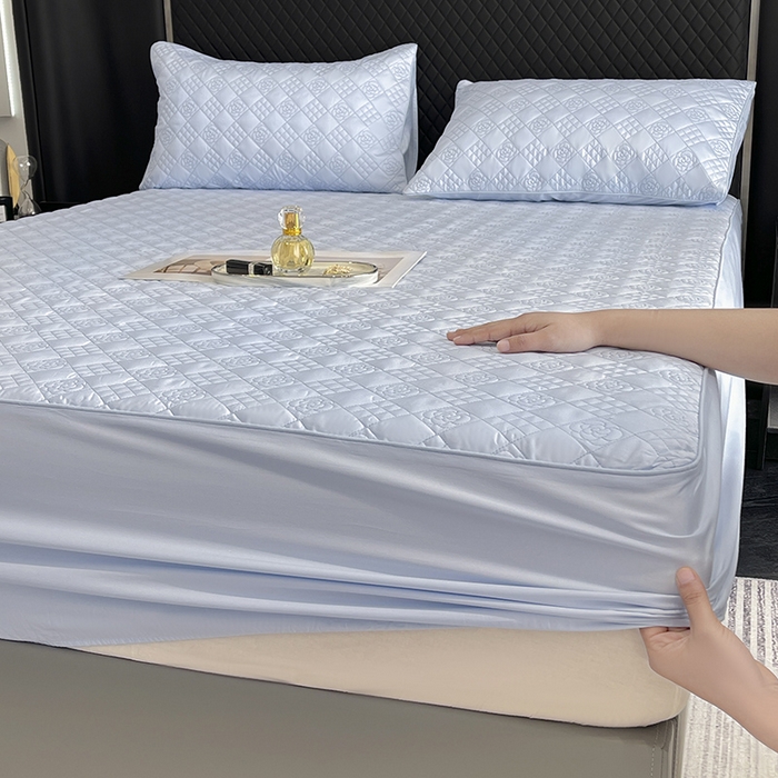 91家纺网 家纺一手货源 找家纺 2025新款轻奢风A类100支长绒棉四件套全棉纯棉重工刺绣床单床笠夹棉床笠床盖款高端床上用品-星慕 白蓝