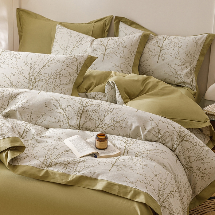 91家纺网 家纺一手货源 找家纺 简宜家居（朝初家纺） 2025新款全棉宽边三层纱提花四件套 枝桠-橄榄绿