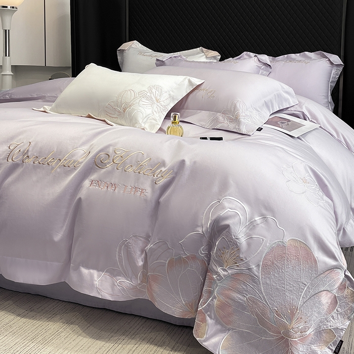 91家纺网 家纺一手货源 找家纺 2025新款轻奢风A类100支长绒棉四件套全棉纯棉重工刺绣床单床笠夹棉床笠床盖款高端床上用品-星慕 黛紫