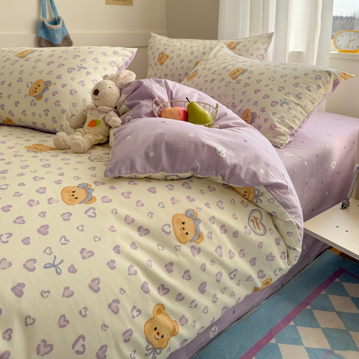 91家纺网 家纺一手货源 找家纺 桃子家居 2025新款纯棉小清新13372卡通可爱少女系列四件套 棉-豹纹小熊