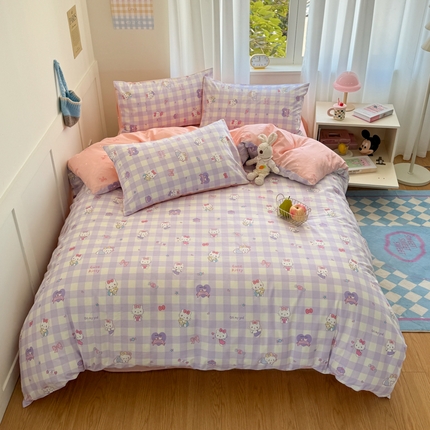 桃子家居 2025新款纯棉小清新13372卡通可爱少女系列四件套 棉-紫格糖果猫