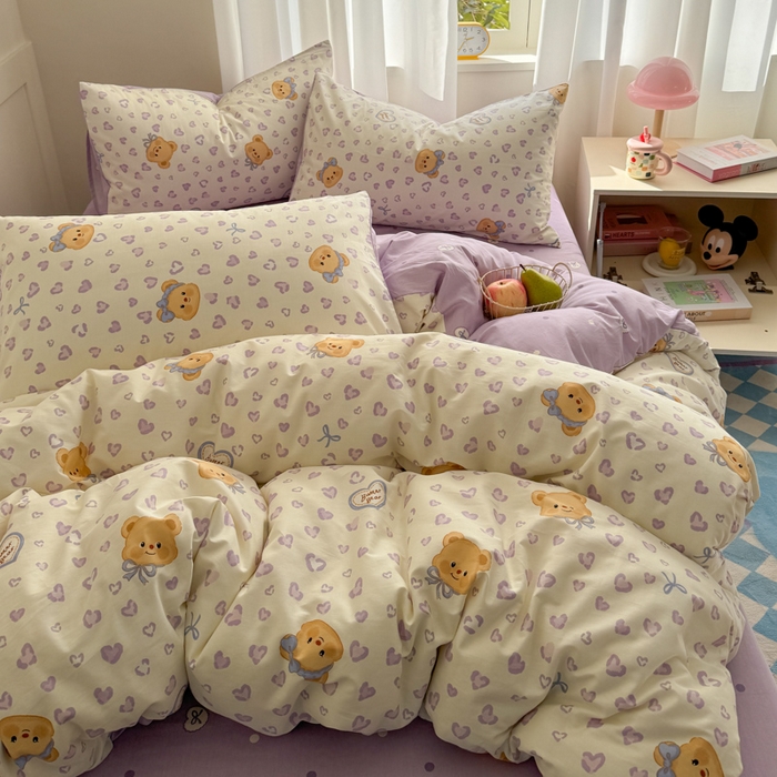 91家纺网 家纺一手货源 找家纺 桃子家居 2025新款纯棉小清新13372卡通可爱少女系列四件套 棉-豹纹小熊