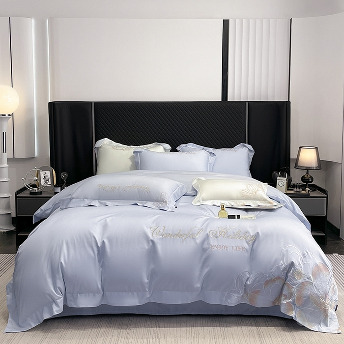 91家纺网 家纺一手货源 找家纺 2025新款轻奢风A类100支长绒棉四件套全棉纯棉重工刺绣床单床笠夹棉床笠床盖款高端床上用品-星慕 慕蓝