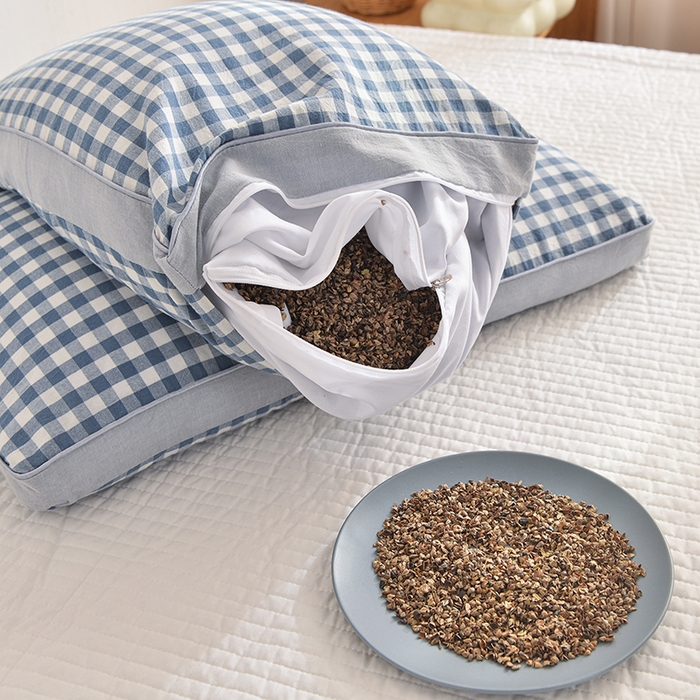 91家纺网 家纺一手货源 找家纺 纽乐家纺 2025新款水洗棉全荞麦枕枕头枕芯 蓝格子40*70