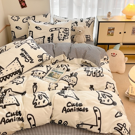 91家纺网 家纺一手货源 找家纺 桃子家居 2025新款纯棉小清新13372卡通可爱少女系列四件套 棉-小涂鸦乐园