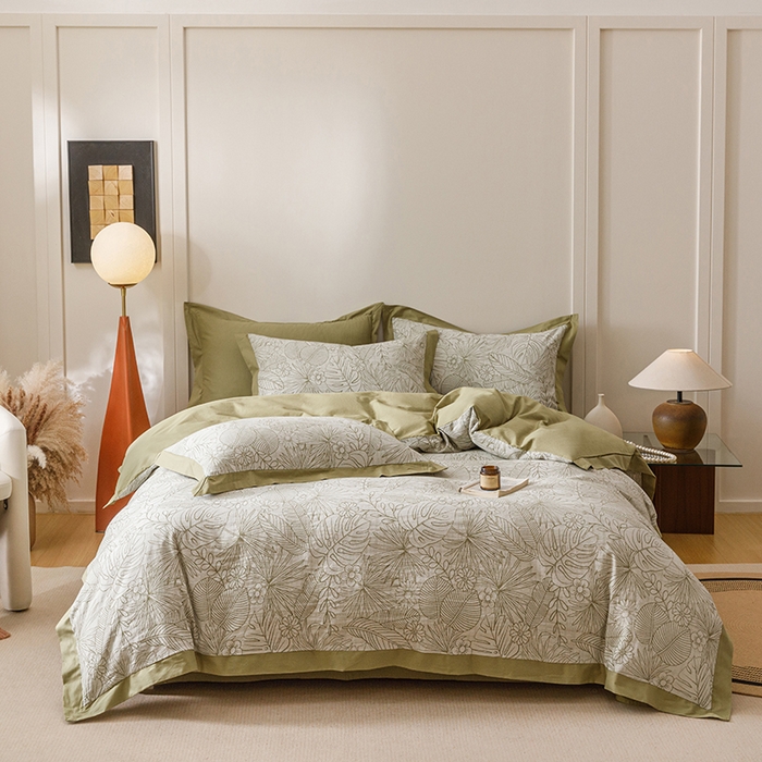 91家纺网 家纺一手货源 找家纺 简宜家居（朝初家纺） 2025新款全棉宽边三层纱提花四件套 叶韵-橄榄绿